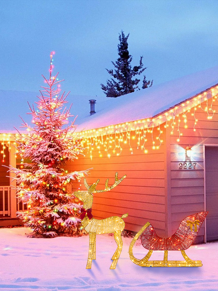 Christmas Reindeer and Sleigh Decoration With LED Light Glowing Glitte - Color Variant