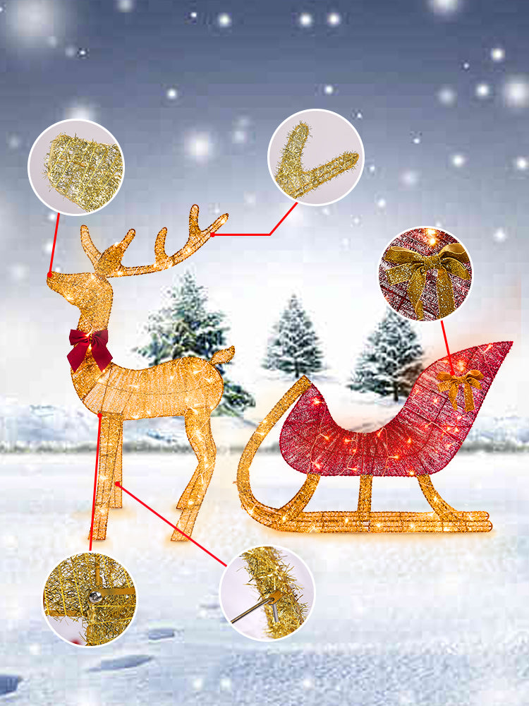 Christmas Reindeer and Sleigh Decoration With LED Light Glowing Glitte - Texture Detail
