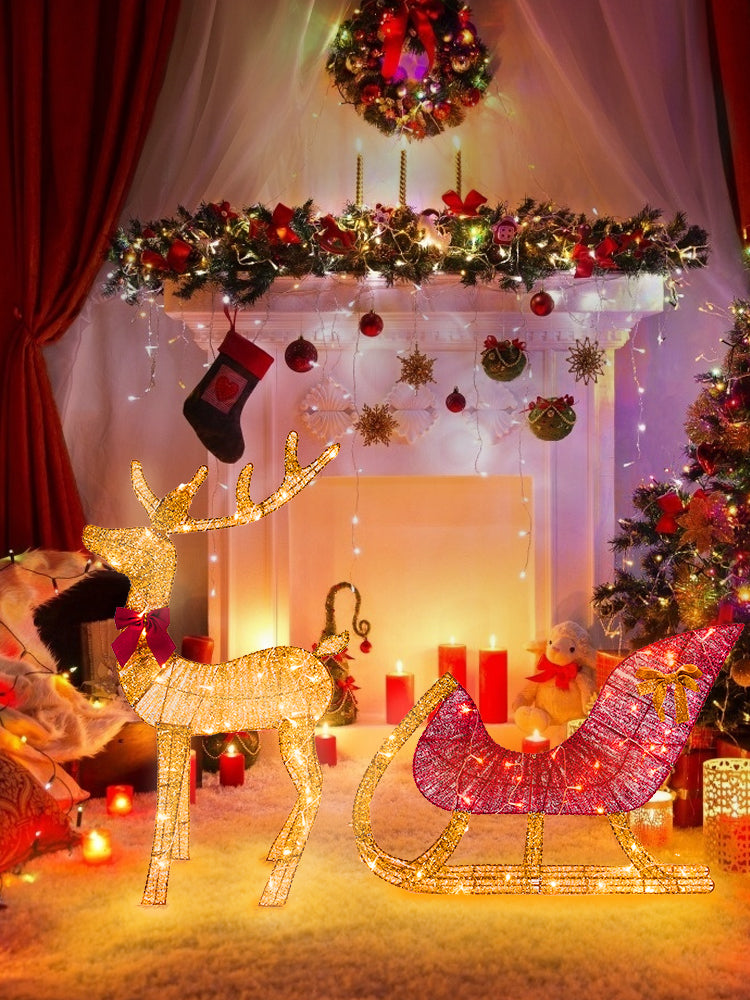 Christmas Reindeer and Sleigh Decoration With LED Light Glowing Glitte - Pattern Detail