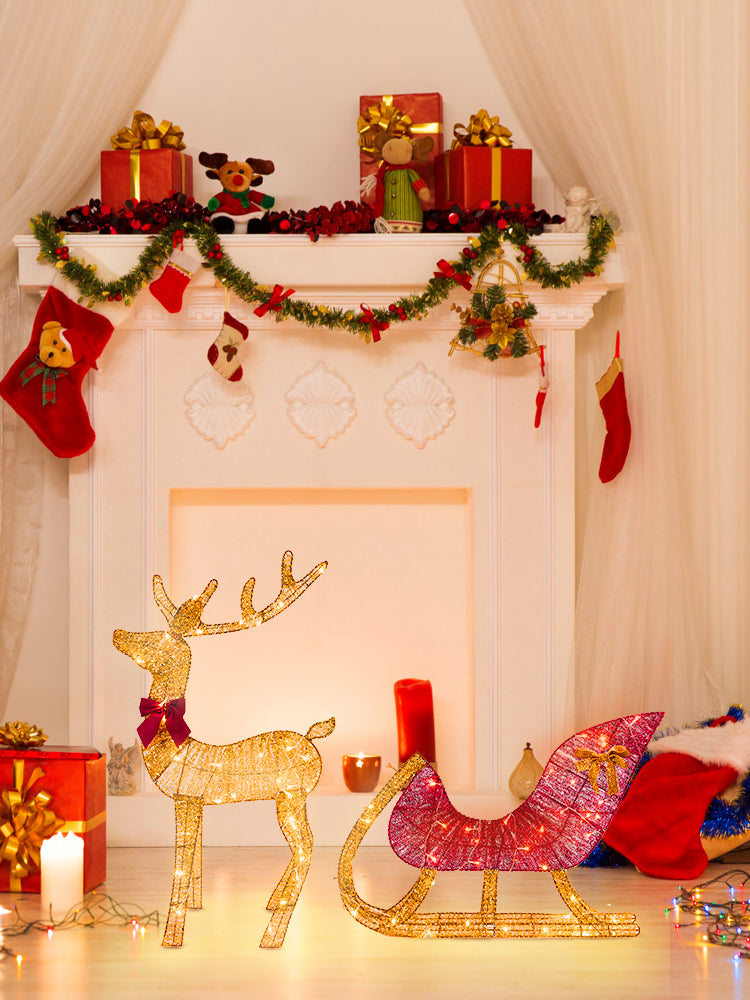 Christmas Reindeer and Sleigh Decoration With LED Light Glowing Glitte - Lifestyle View