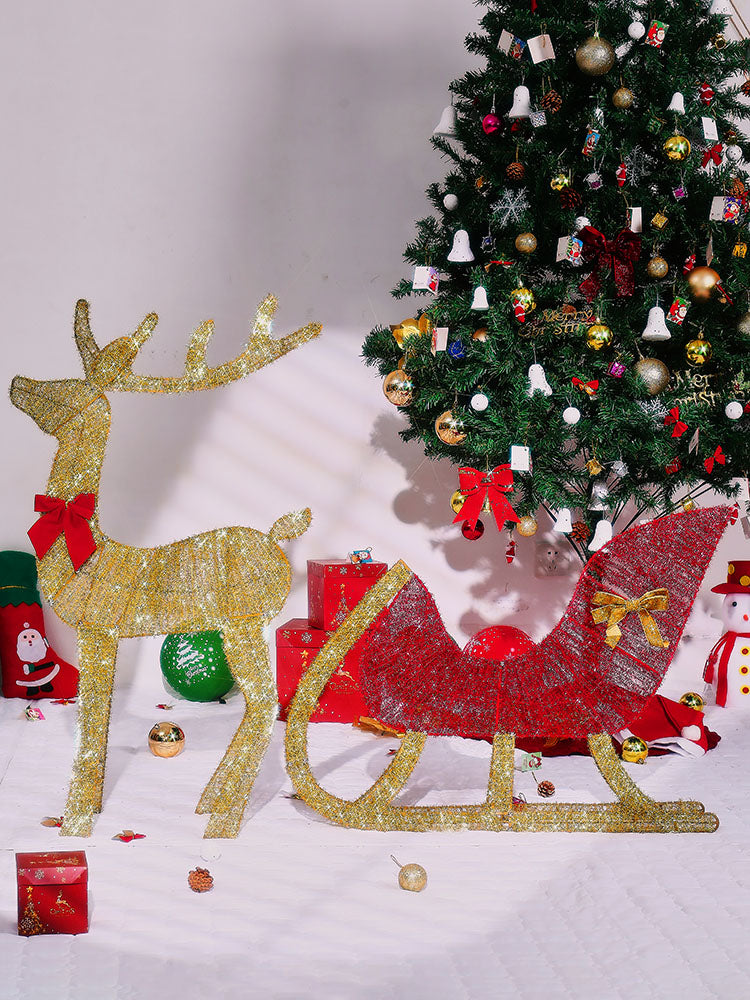 Christmas Reindeer and Sleigh Decoration With LED Light Glowing Glitte - Full View