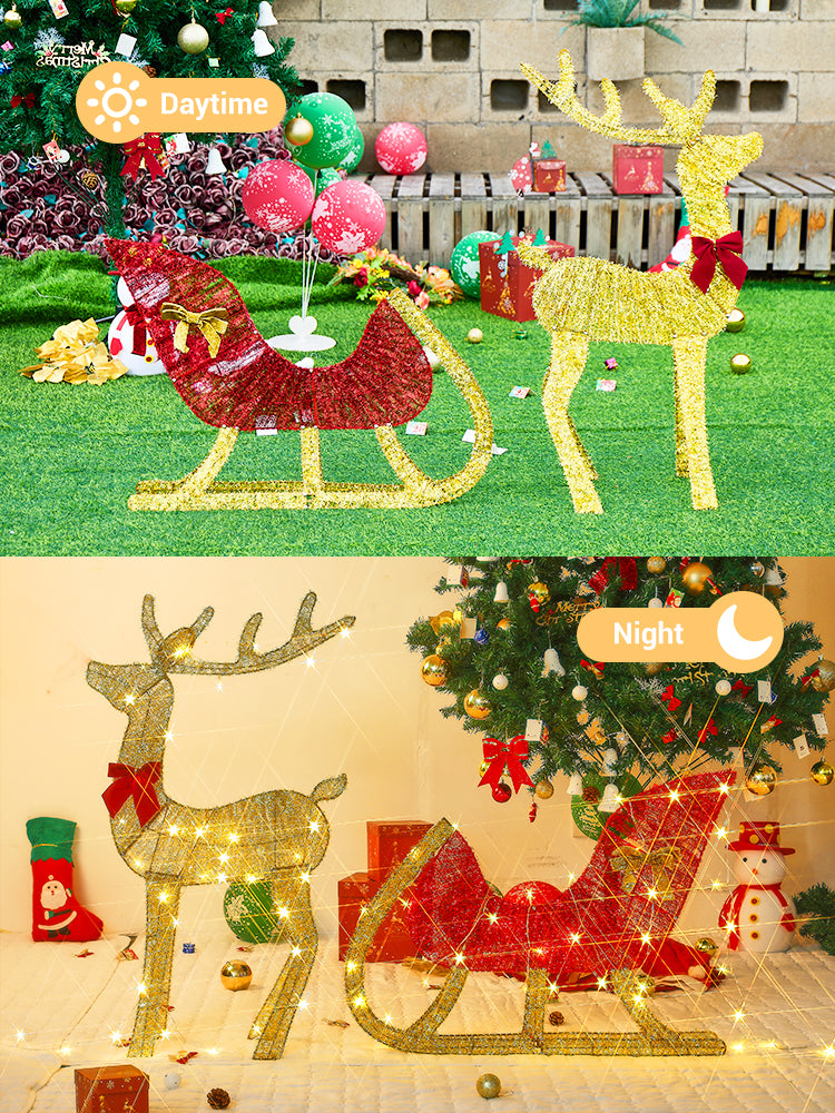 Christmas Reindeer and Sleigh Decoration With LED Light Glowing Glitte - Material Detail