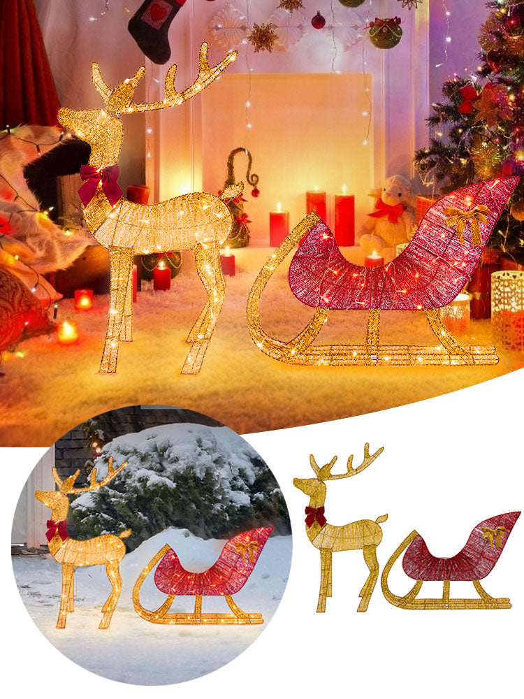 Christmas Reindeer and Sleigh Decoration With LED Light Glowing Glitte - Close-up View