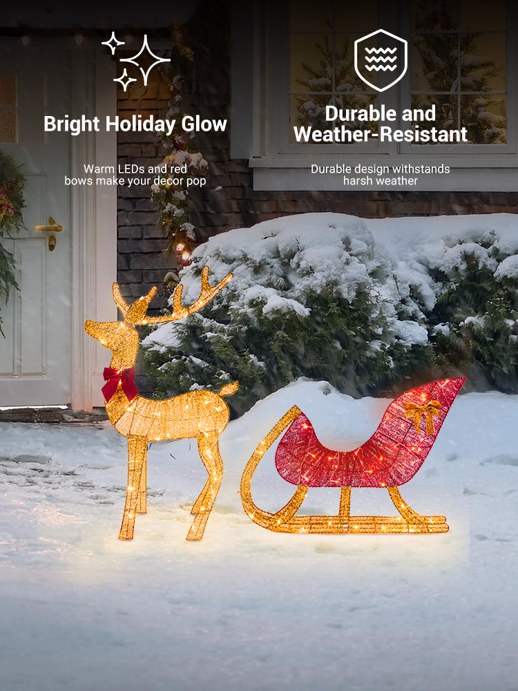 Christmas Reindeer and Sleigh Decoration With LED Light Glowing Glitte - Alternative Angle