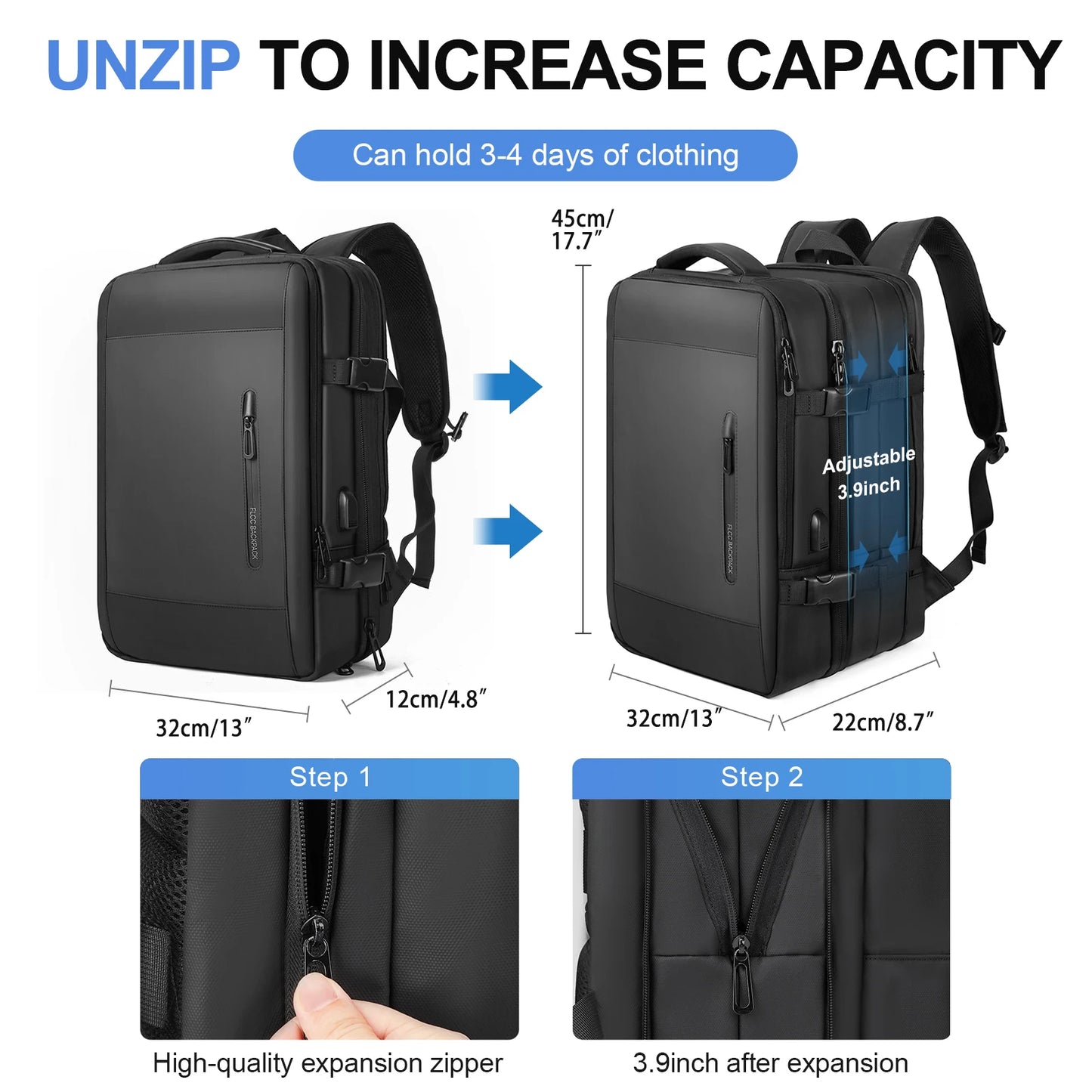 Business Travel Backpack for Men Expandable Water Resistant Backpack w - Side View