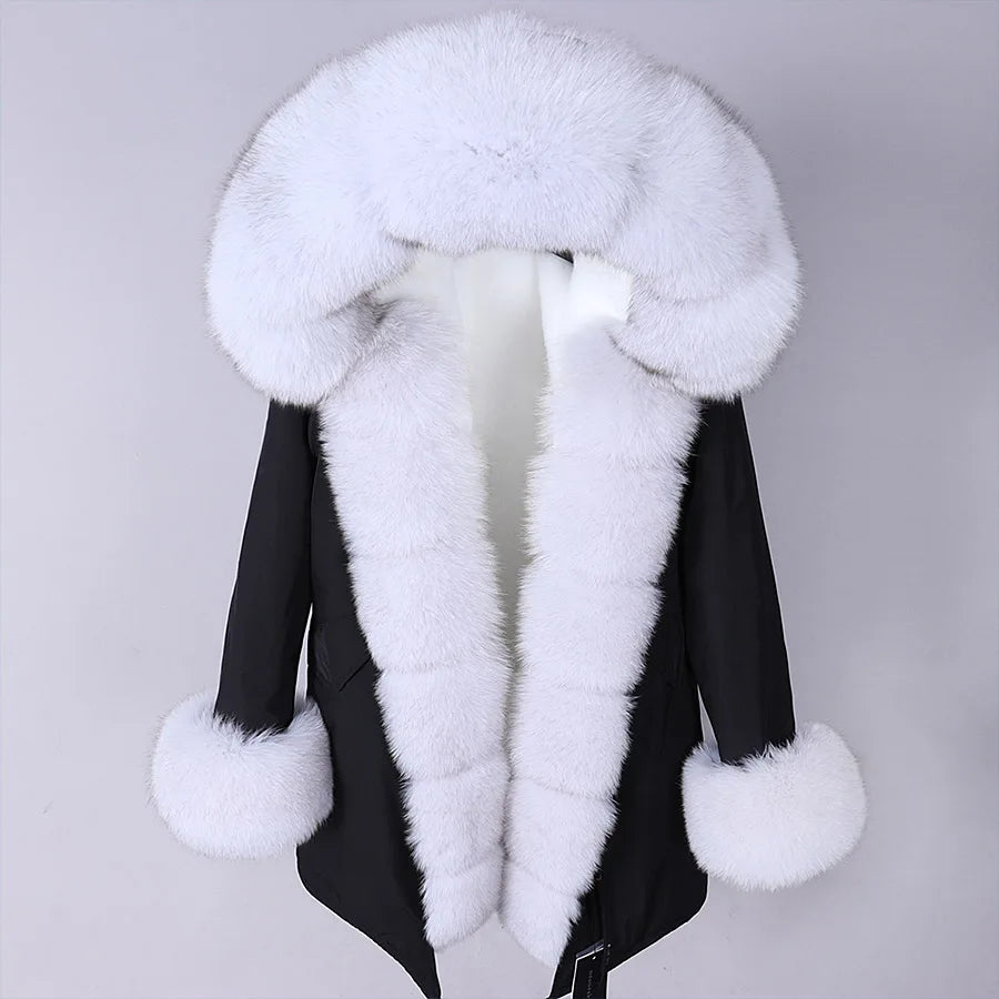 MAOMAOKONG 2024 Winter Women Coat Natural Fox Fur Collar Cuff Black Jackets Outw - View 25