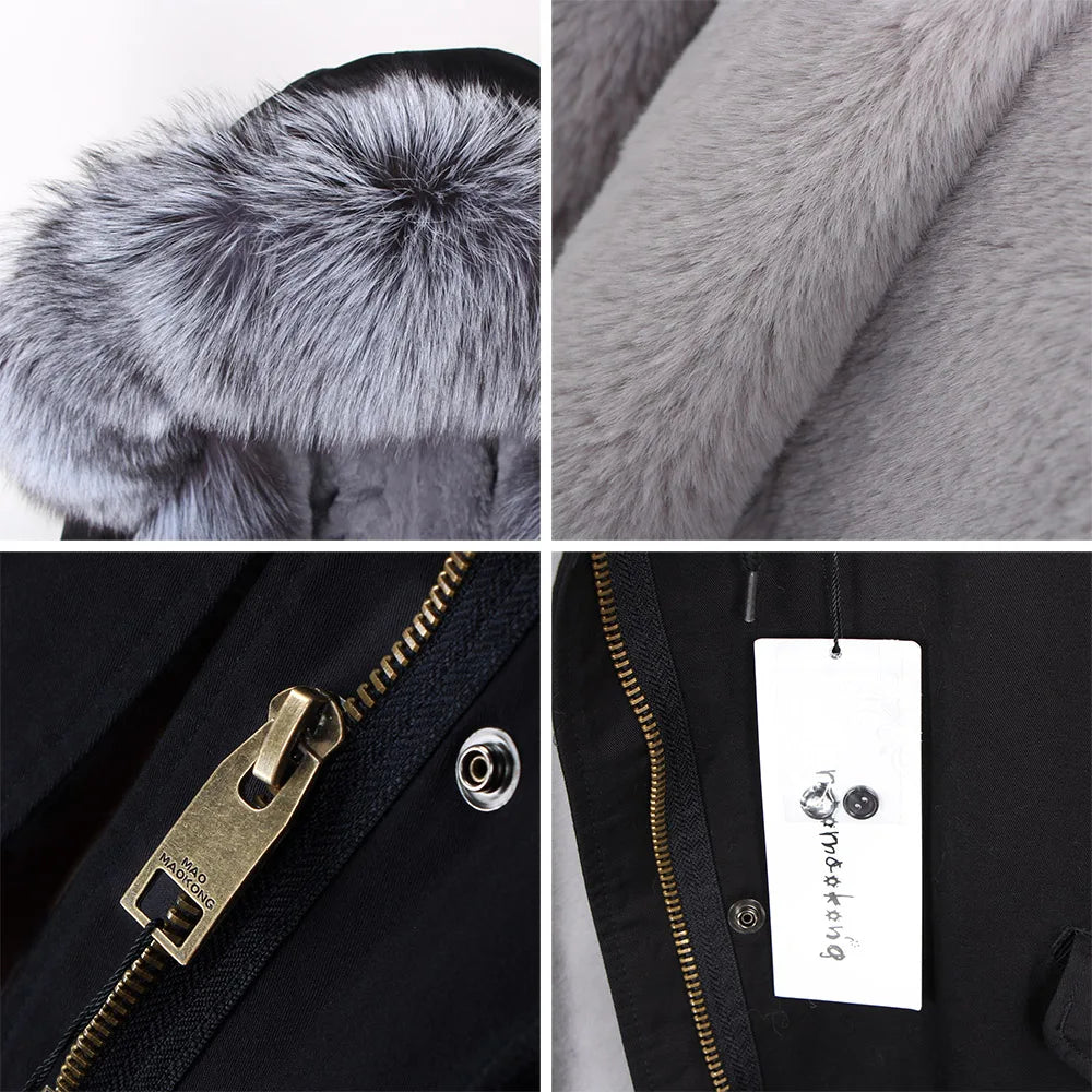 MAOMAOKONG 2024 Winter Women Coat Natural Fox Fur Collar Cuff Black Jackets Outw - View 6