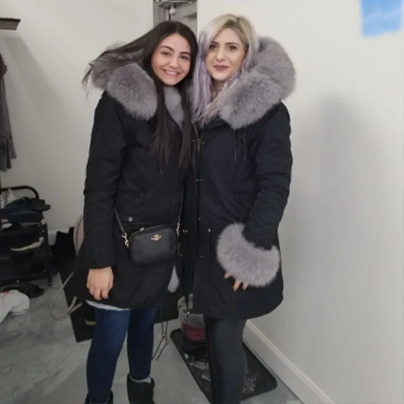 MAOMAOKONG 2024 Winter Women Coat Natural Fox Fur Collar Cuff Black Jackets Outw - Detail View