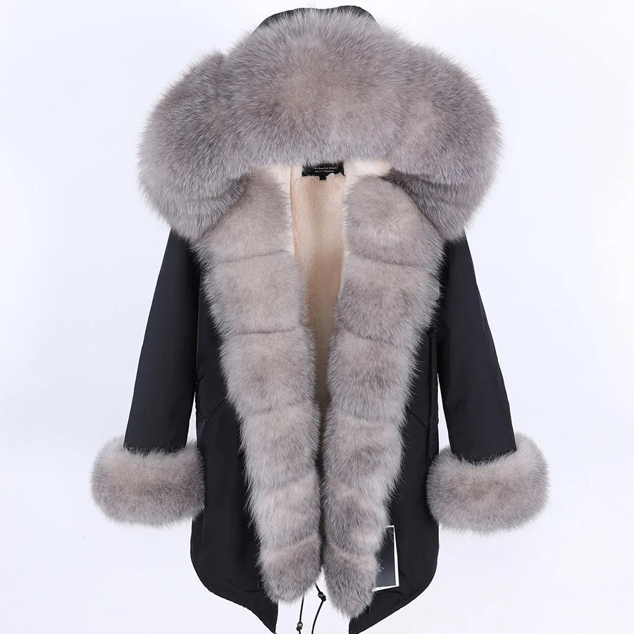 MAOMAOKONG 2024 Winter Women Coat Natural Fox Fur Collar Cuff Black Jackets Outw - View 19