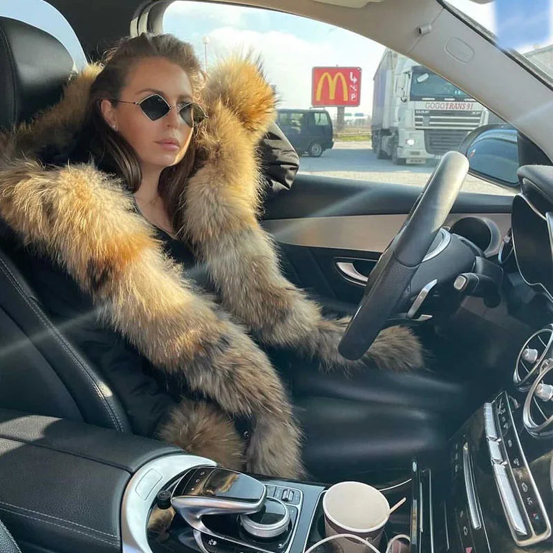 MAOMAOKONG 2024 Winter Women Coat Natural Fox Fur Collar Cuff Black Jackets Outw - View 4