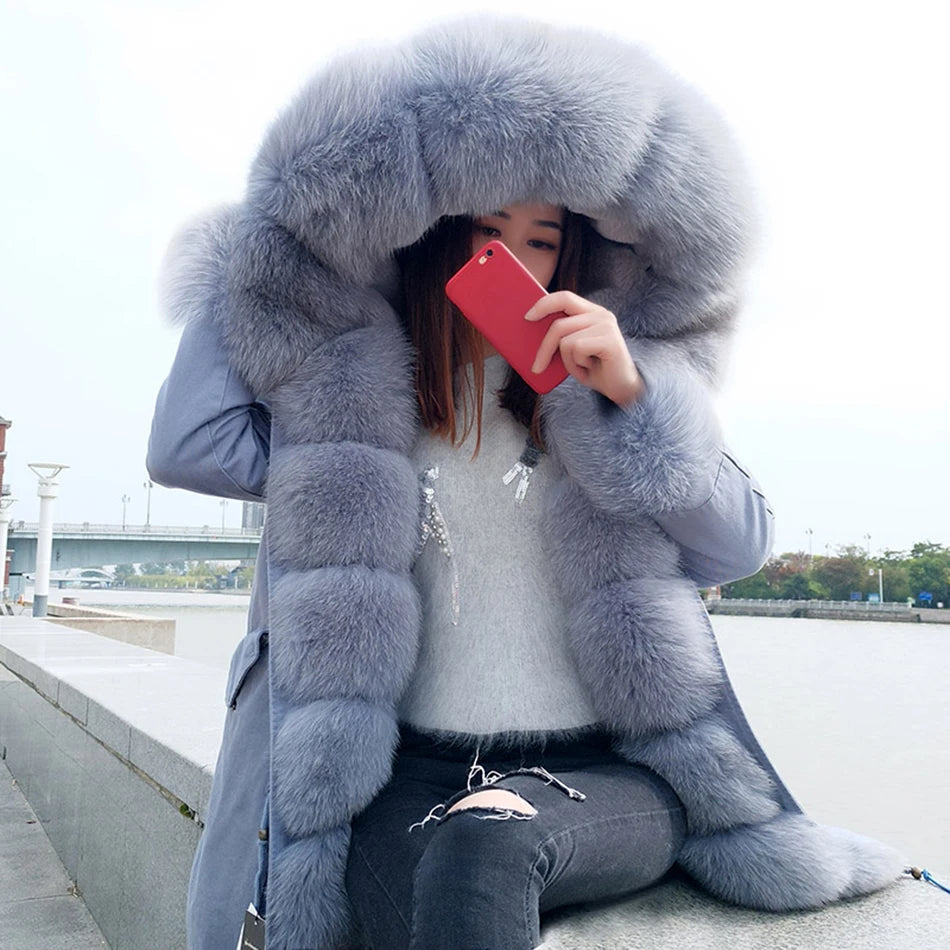 MAOMAOKONG 2024 Winter Women Coat Natural Fox Fur Collar Cuff Black Jackets Outw - View 40