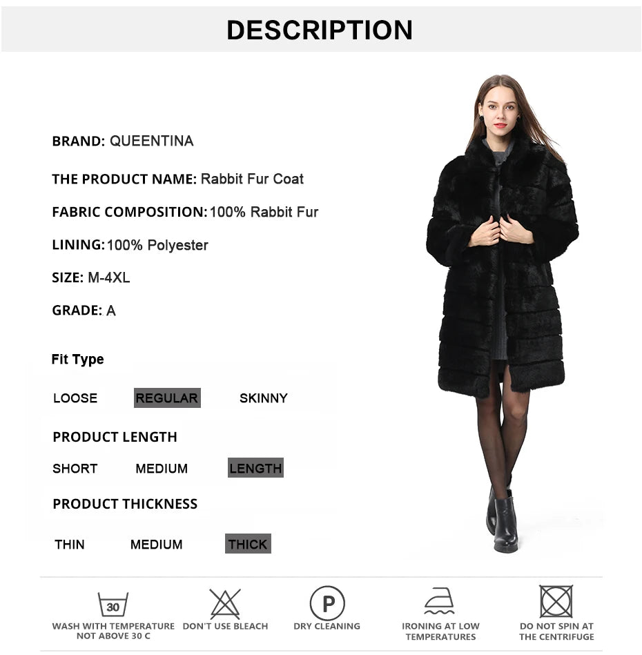 QUEENTINA Real Rabbit Fur Coat New In Outerwears Winter Stand Collar Thick Soft - View 10