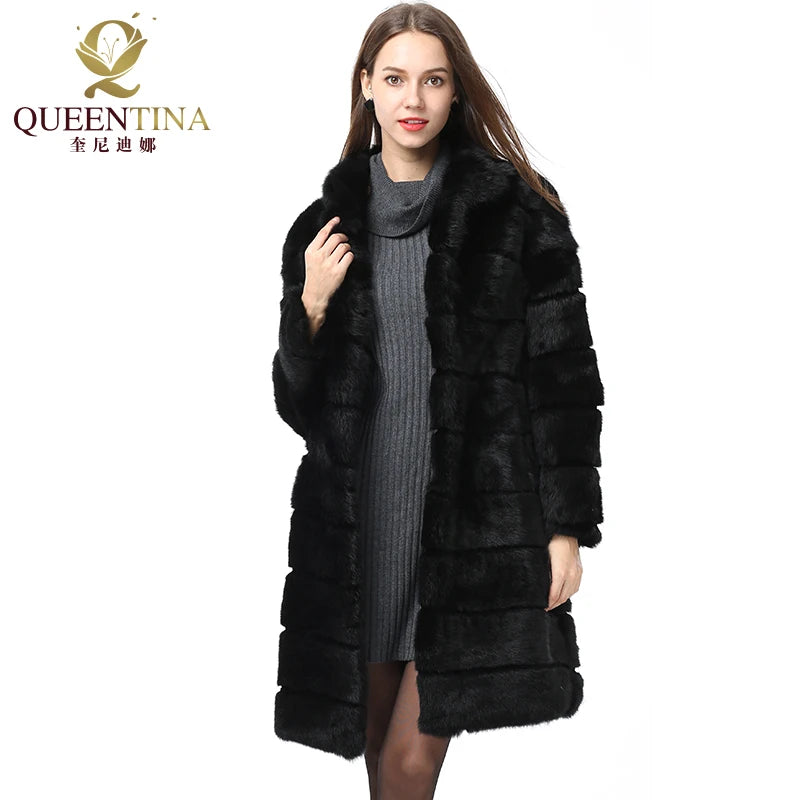 QUEENTINA Real Rabbit Fur Coat New In Outerwears Winter Stand Collar Thick Soft - View 4