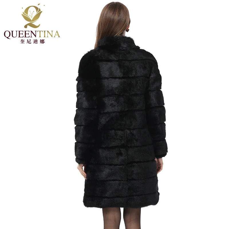 QUEENTINA Real Rabbit Fur Coat New In Outerwears Winter Stand Collar Thick Soft - Side View