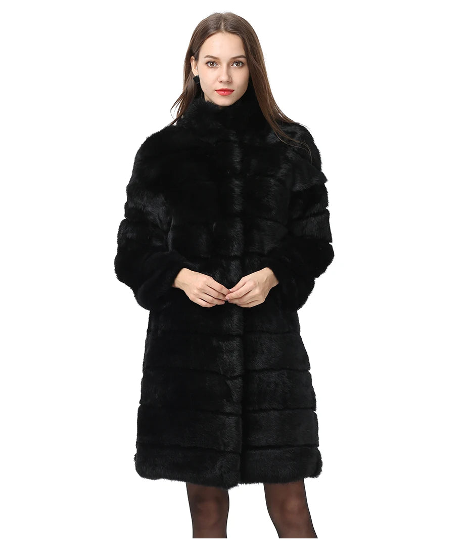 QUEENTINA Real Rabbit Fur Coat New In Outerwears Winter Stand Collar Thick Soft - View 9