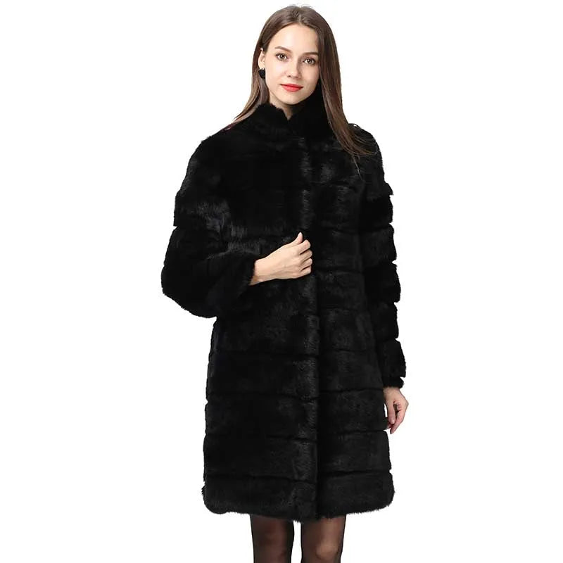 QUEENTINA Real Rabbit Fur Coat New In Outerwears Winter Stand Collar Thick Soft - Back View