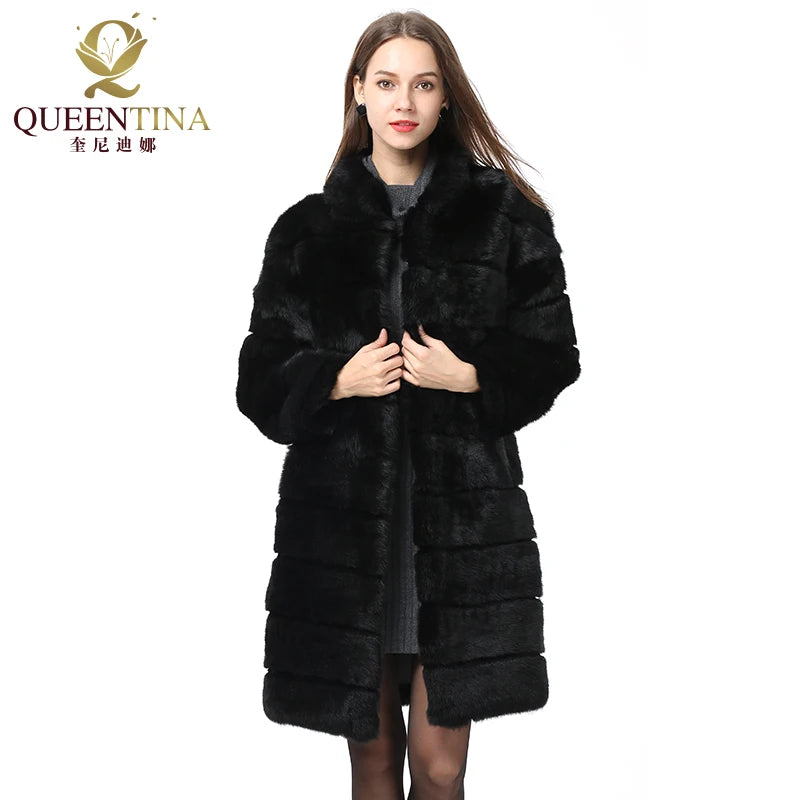 QUEENTINA Real Rabbit Fur Coat New In Outerwears Winter Stand Collar Thick Soft - View 5
