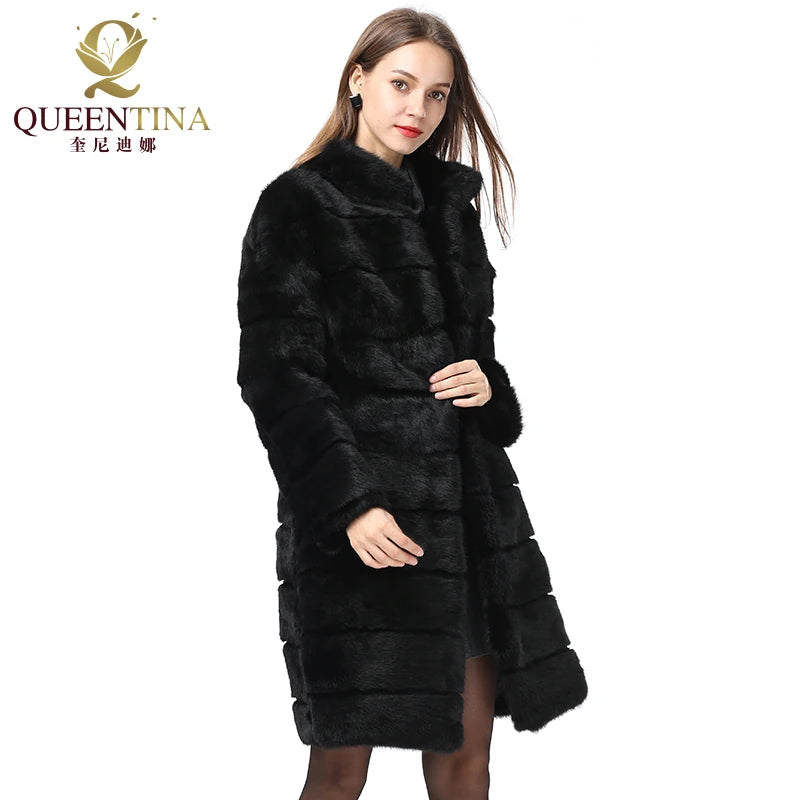 QUEENTINA Real Rabbit Fur Coat New In Outerwears Winter Stand Collar Thick Soft - Detail View