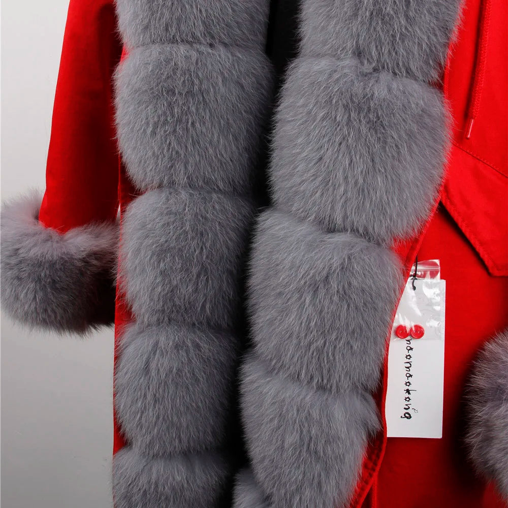 MAOMAOKONG 2024 Winter Women Coat Natural Fox Fur Collar Cuff Black Jackets Outw - View 5