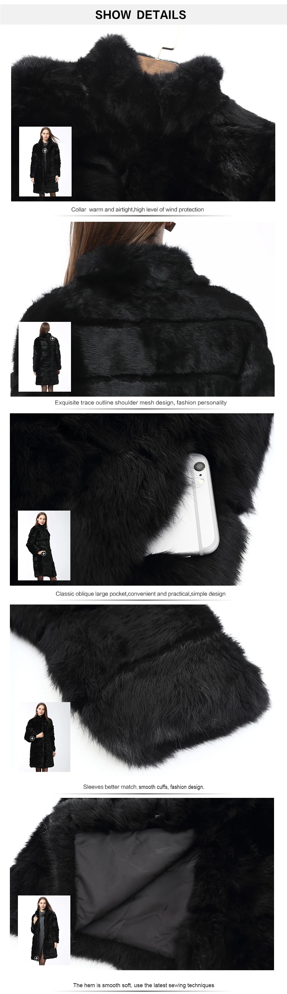 QUEENTINA Real Rabbit Fur Coat New In Outerwears Winter Stand Collar Thick Soft - View 12