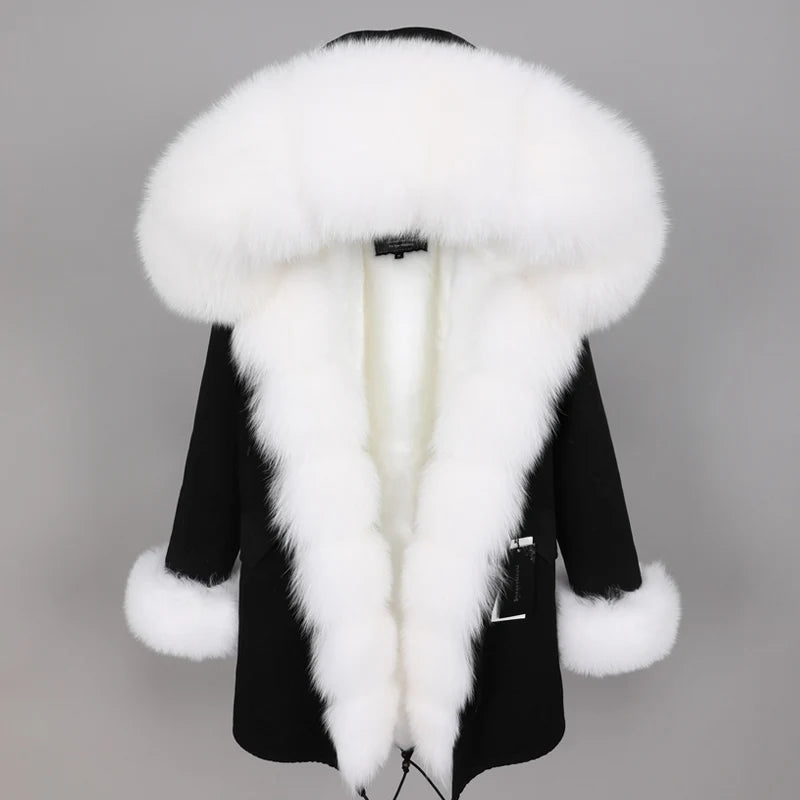 MAOMAOKONG 2024 Winter Women Coat Natural Fox Fur Collar Cuff Black Jackets Outw - View 100