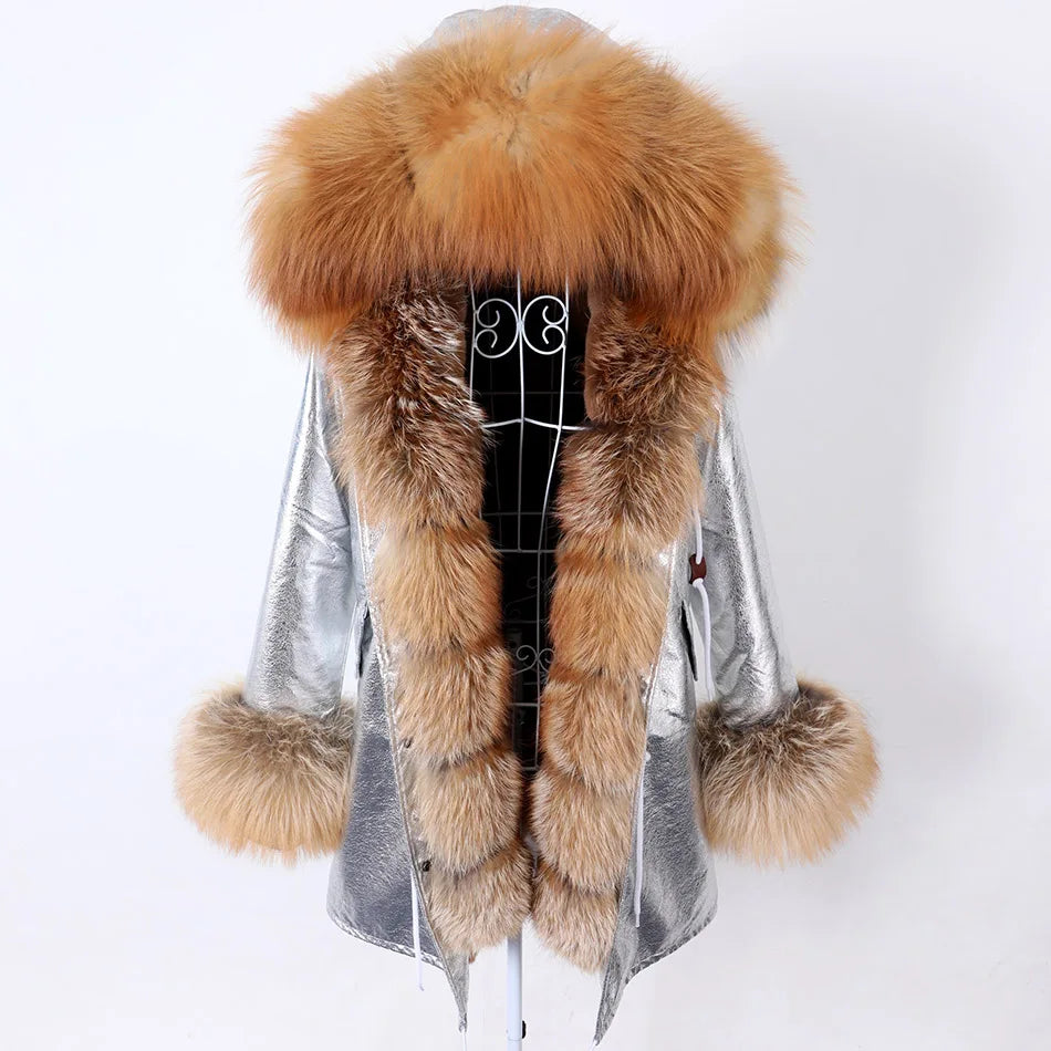MAOMAOKONG 2024 Winter Women Coat Natural Fox Fur Collar Cuff Black Jackets Outw - View 82