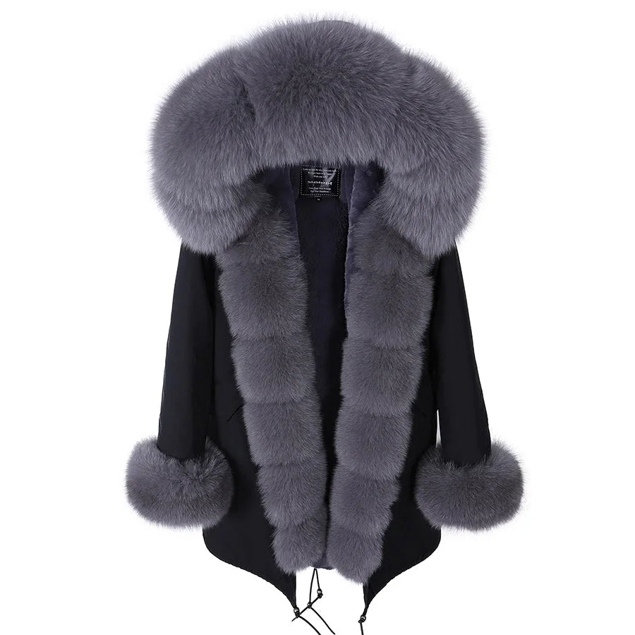 MAOMAOKONG 2024 Winter Women Coat Natural Fox Fur Collar Cuff Black Jackets Outw - View 84