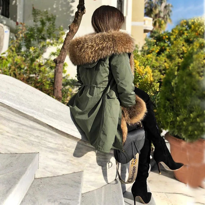 MAOMAOKONG 2024 Winter Women Coat Natural Fox Fur Collar Cuff Black Jackets Outw - Side View
