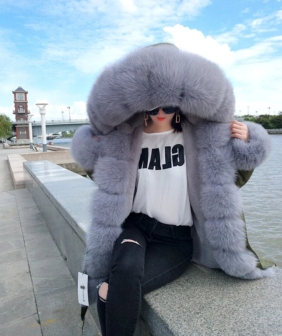 MAOMAOKONG 2024 Winter Women Coat Natural Fox Fur Collar Cuff Black Jackets Outw - View 41