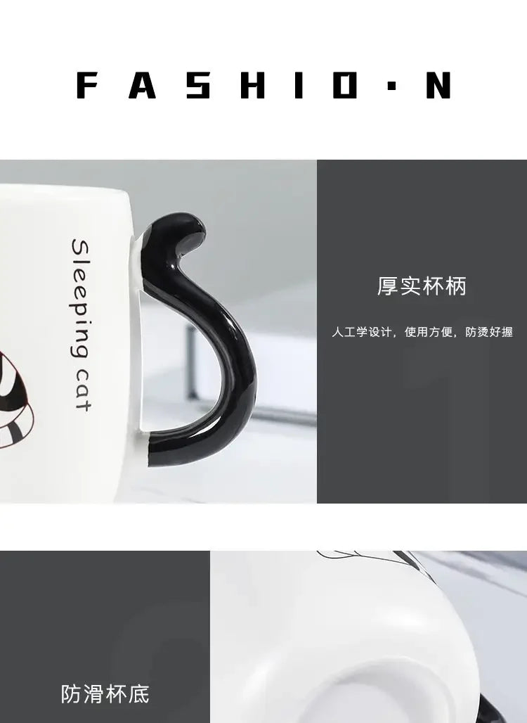 Cartoon Cat Ceramic Mug, Birthday Gift Cute Coffee Cup with Lid, Tail - Full View
