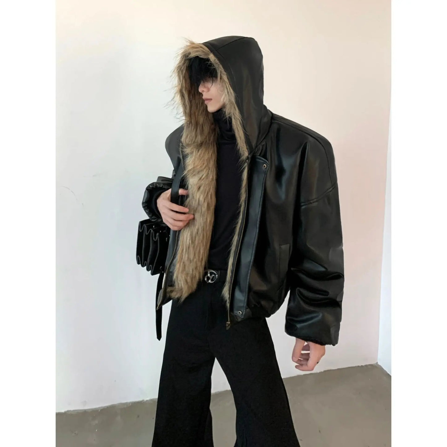 Men Faux Fur Jacket Coat Pu Leather 2025 Winter Thick Warm Outerwear Spliced Hoo - View 5