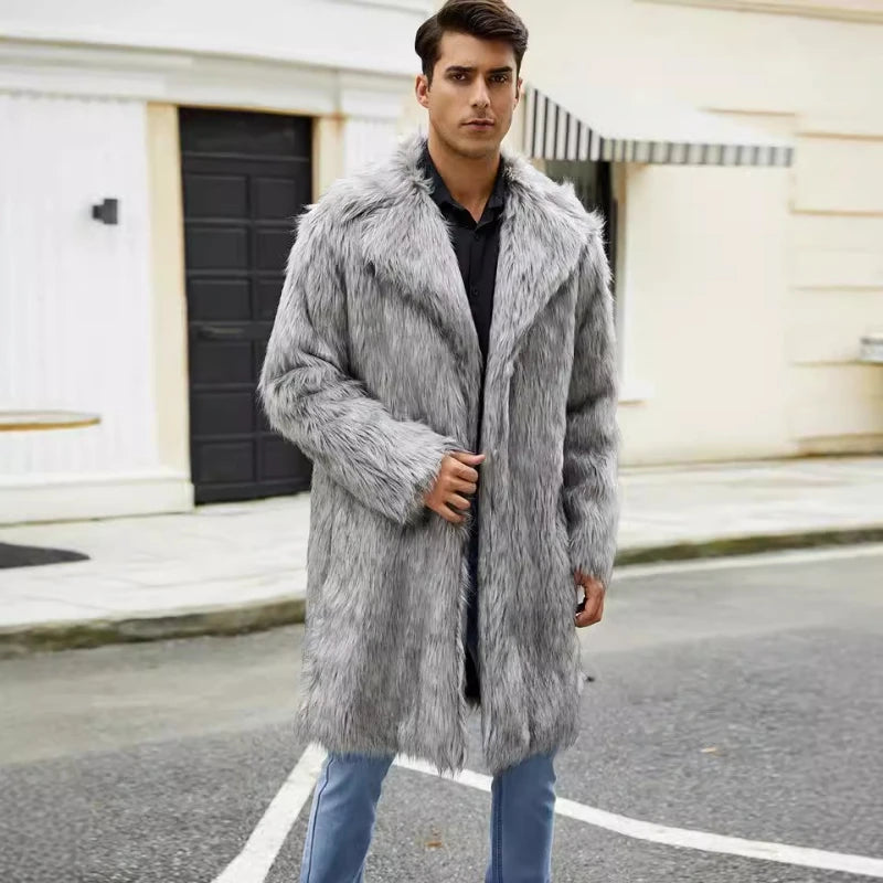 Men Long Faux Fur Coat Jacket Thick Warm Coats Turn Down Collar Full Sleeve Spli - View 5
