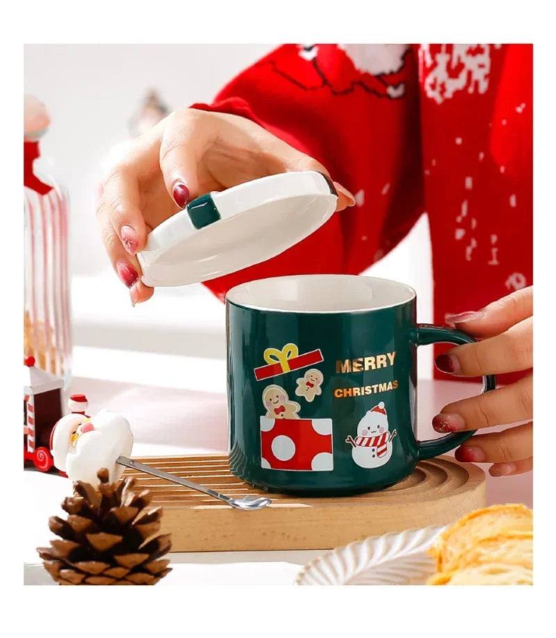 Christmas Mug With Lid and Spoon Santa Claus Ceramic Coffee Cup Elk Sn - Material Detail