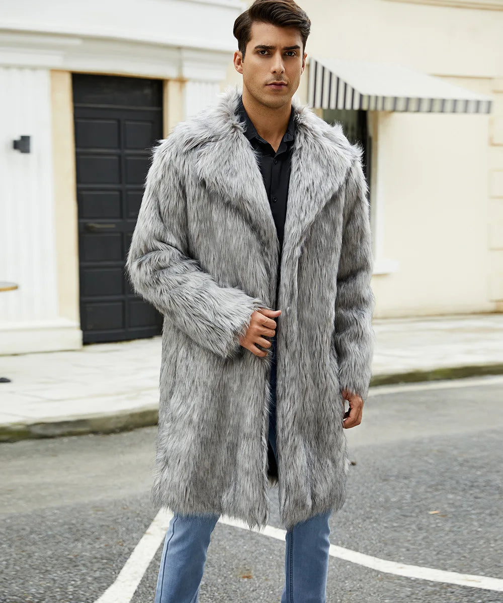 Men Long Faux Fur Coat Jacket Thick Warm Coats Turn Down Collar Full Sleeve Spli - View 20