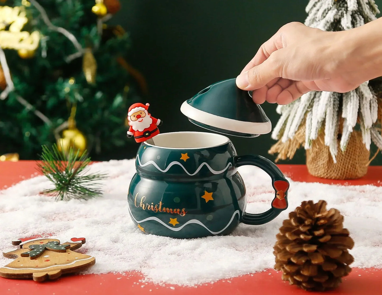 Ceramic Christmas Mug with Lid Spoon Cute Cartoon Coffee Cup New Year - Full View