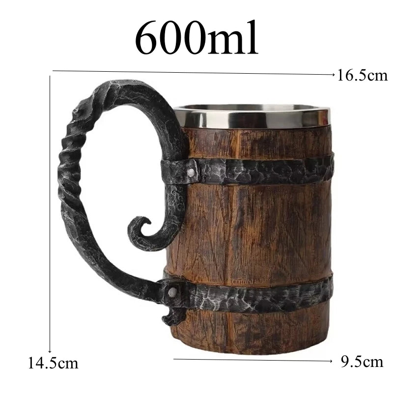 600ml Viking Wood style Beer Mug Christmas Gift Simulation Wooden Barr - Close-up View