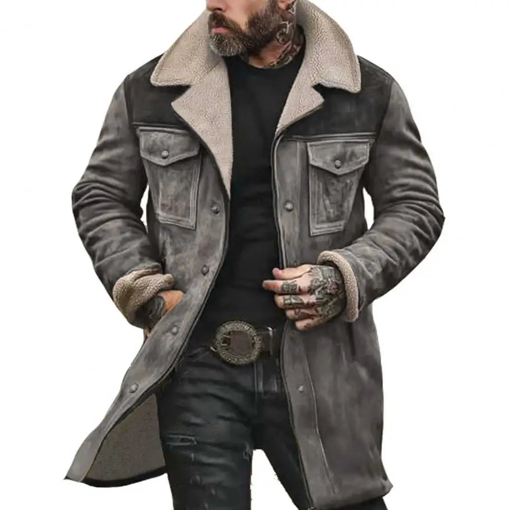 Suede Men Jacket Plush Lamb Wool Lining Lapel Winter Jacket Vintage Sheepskin Sh - View 8