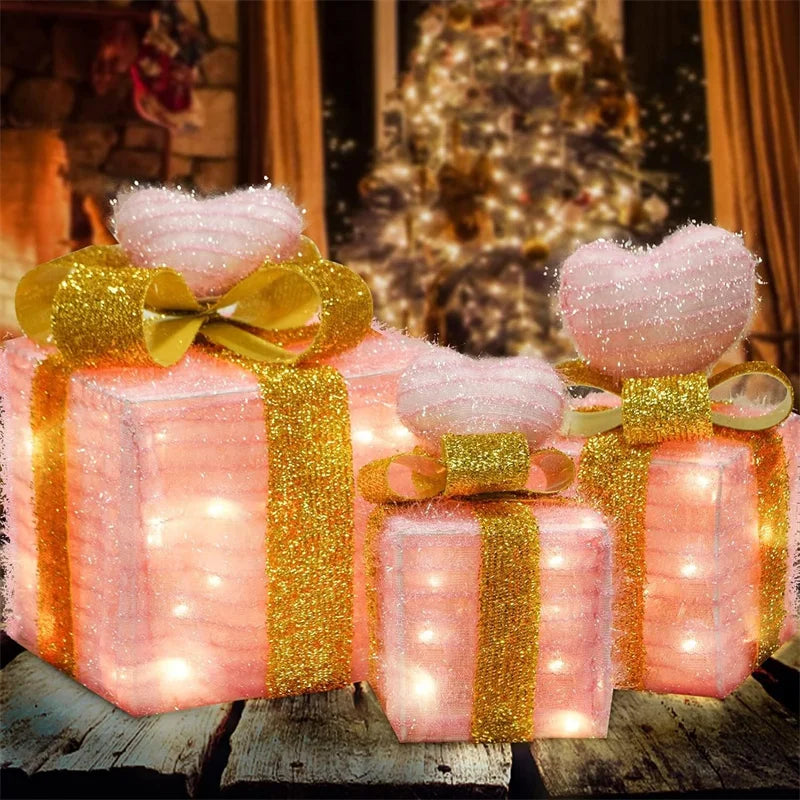3pcs Christmas Gift Box Christmas Decor Luminous Bow Holi... - Close-up View