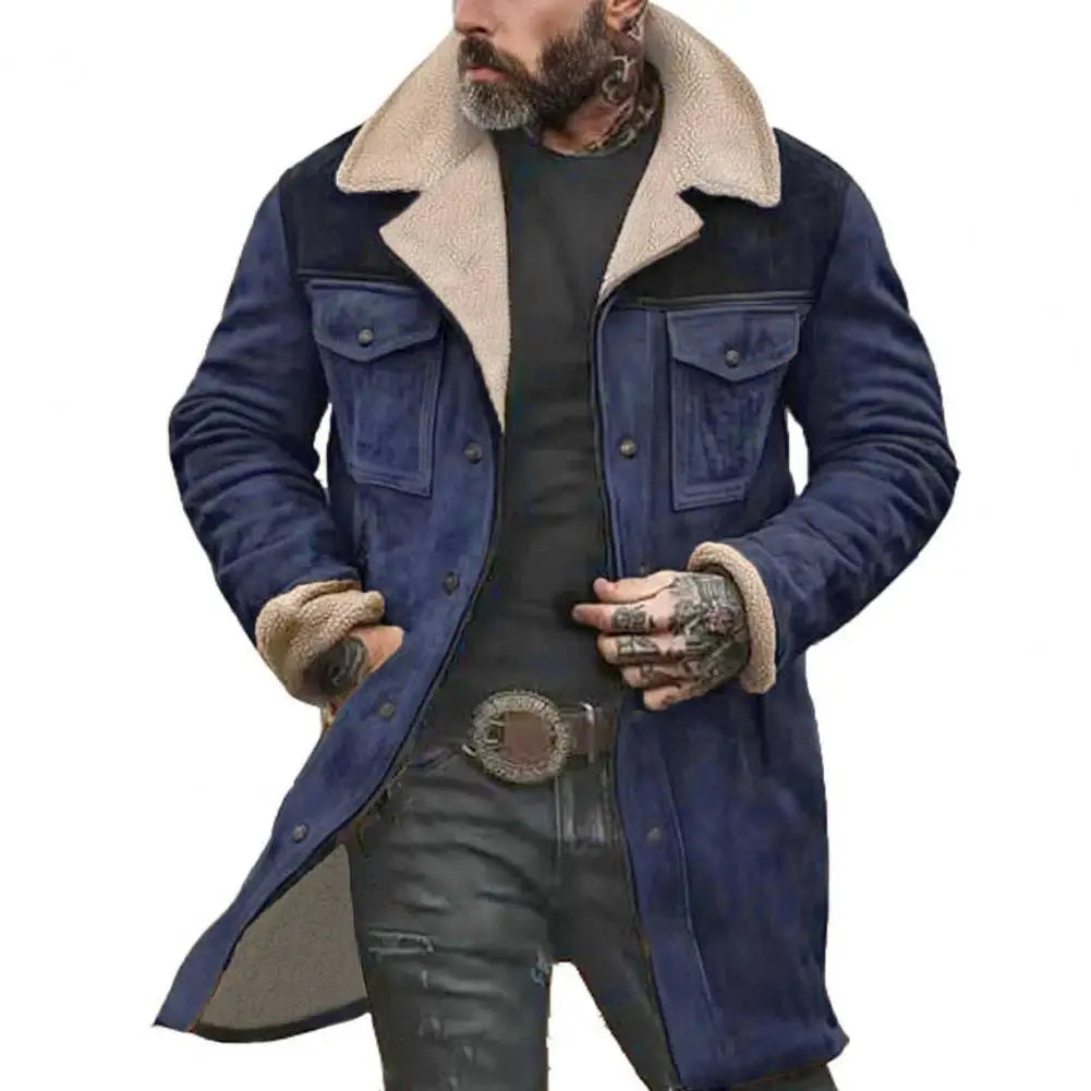 Suede Men Jacket Plush Lamb Wool Lining Lapel Winter Jacket Vintage Sheepskin Sh - View 7