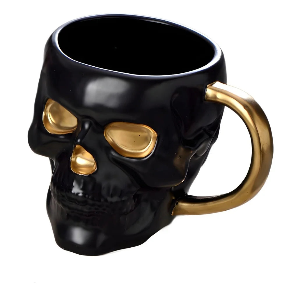 Gothic Novelty Skull Mug with Gold Handles Ceramic Halloween Themed Skeleton Hea - Detail View