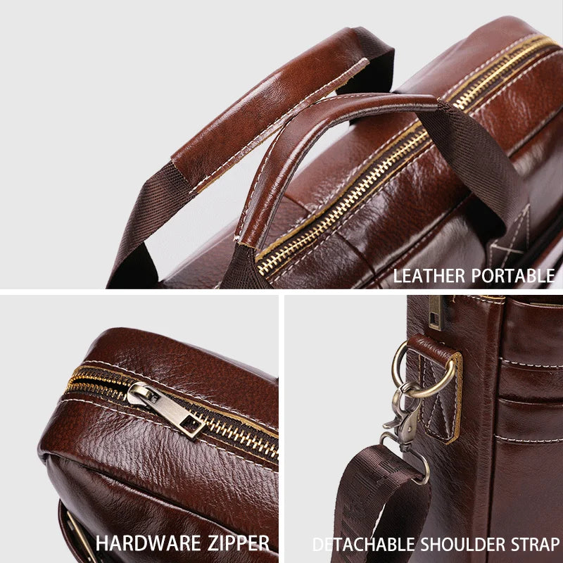 BULLCAPTAIN Leather Laptop Bag, Top Layer Leather 15" Laptop Bag Men's - Detail View