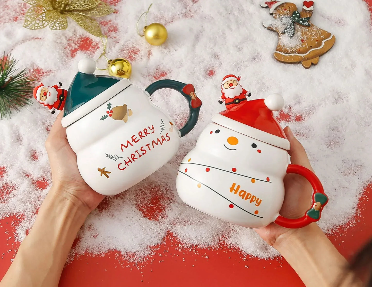 Ceramic Christmas Mug with Lid Spoon Cute Cartoon Coffee Cup New Year - Pattern Detail