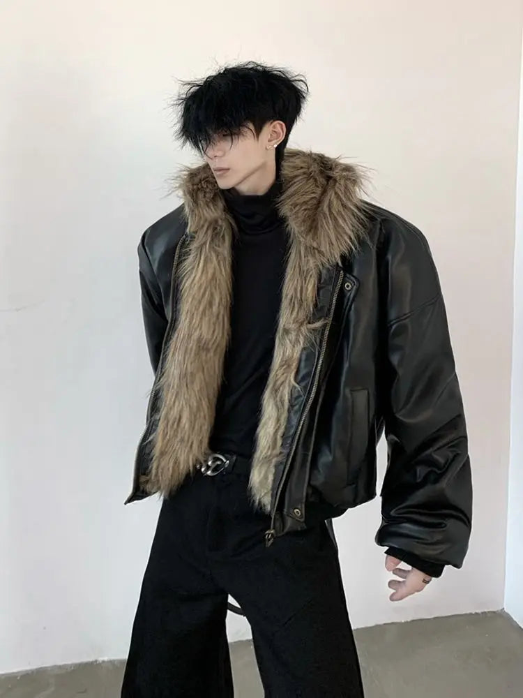 Men Faux Fur Jacket Coat Pu Leather 2025 Winter Thick Warm Outerwear Spliced Hoo - View 9