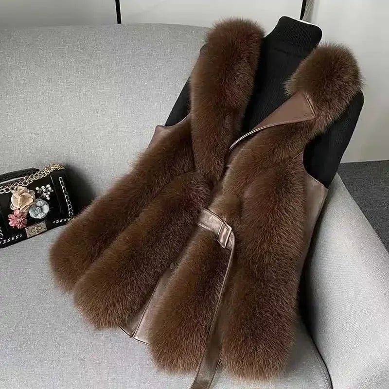 Thick Faux Fur Vest Jacket for Women Warm Colorblock Winter Maxi Coat Luxury Sle - View 4