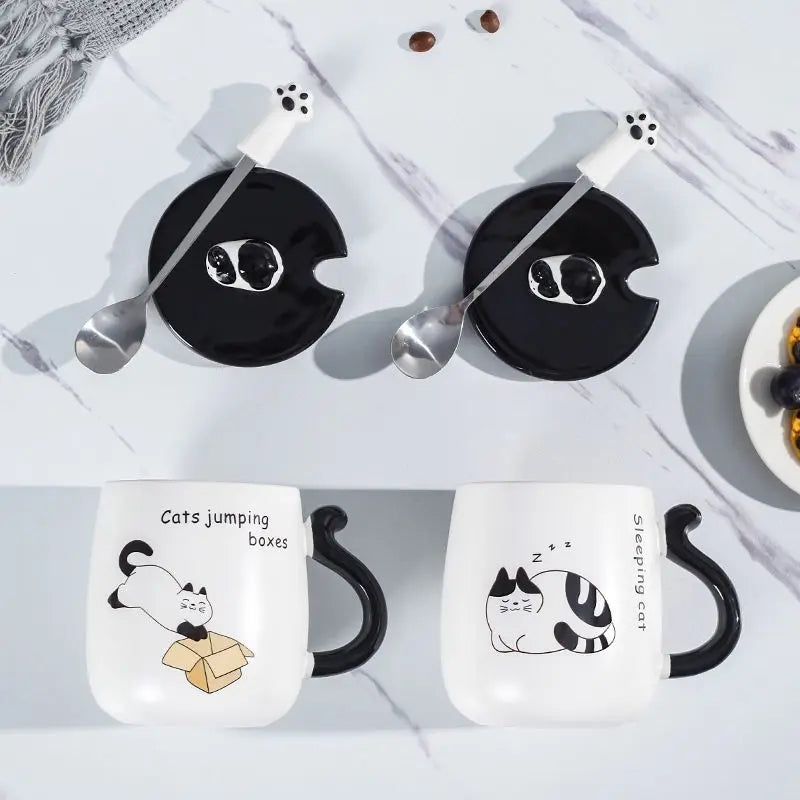 Cartoon Cat Ceramic Mug, Birthday Gift Cute Coffee Cup with Lid, Tail - Back View