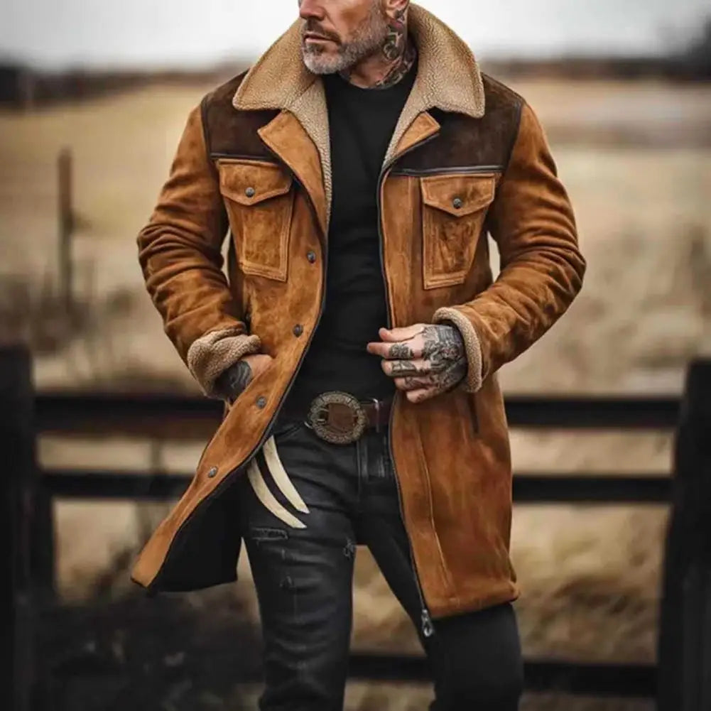 Suede Men Jacket Plush Lamb Wool Lining Lapel Winter Jacket Vintage Sheepskin Sh - Main View