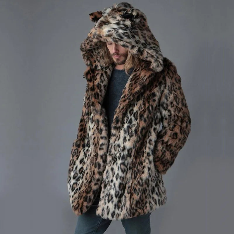 Men Faux Fur Jacket Winter Coat Thick Hooded Leopard Print Mid Length Warm Ears - View 10