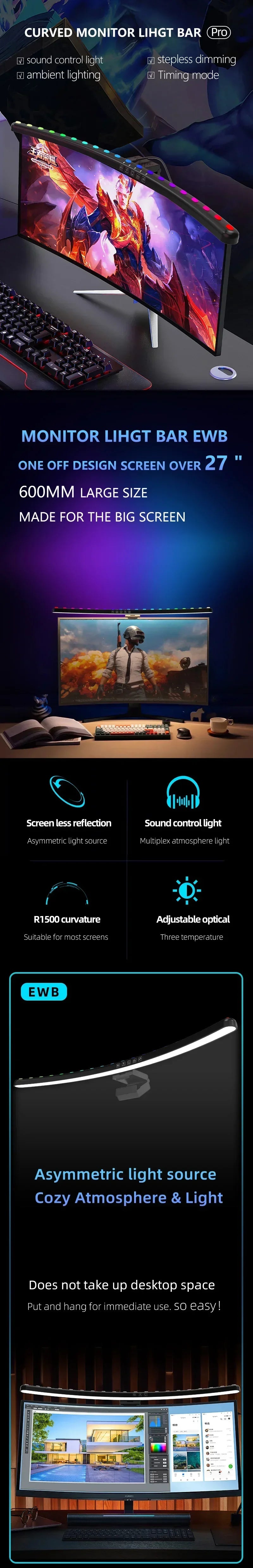 60cm RGB Screen Hanging Lights Computer Monitor Light Bar USB Stepless - Interior View