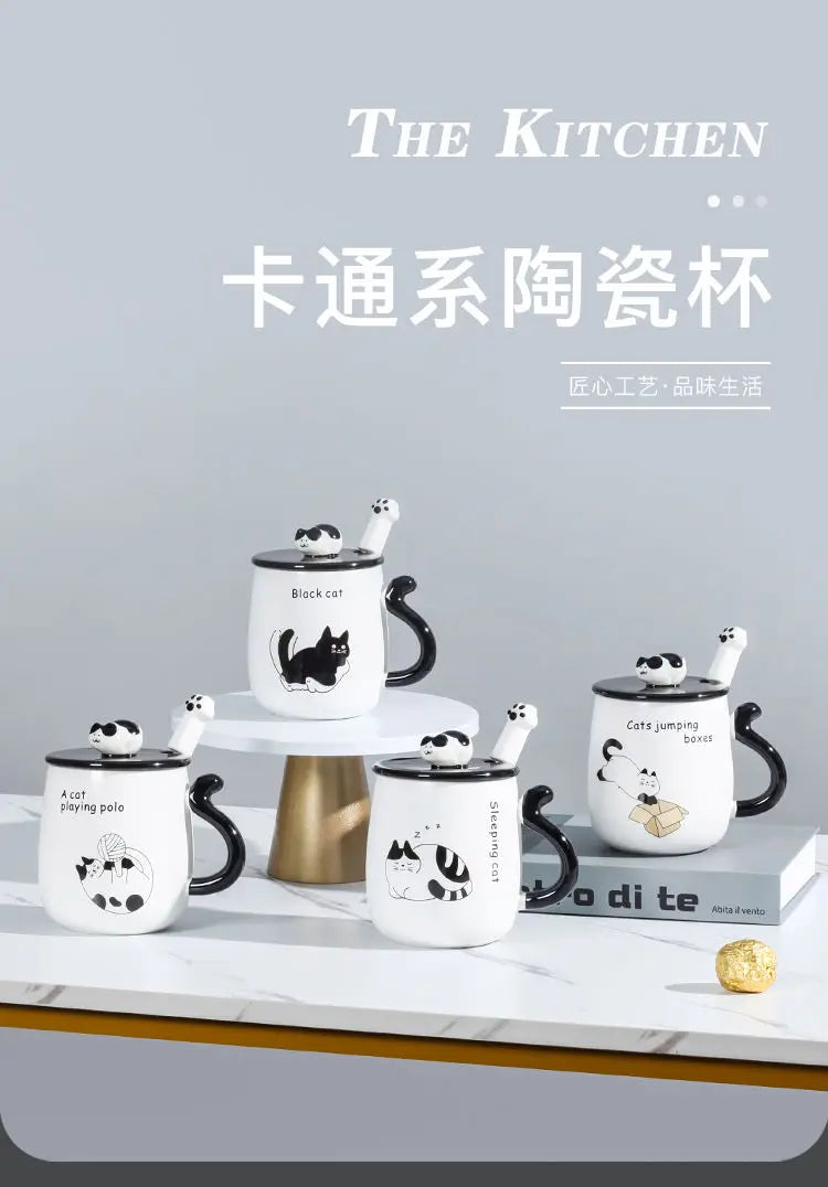 Cartoon Cat Ceramic Mug, Birthday Gift Cute Coffee Cup with Lid, Tail - Lifestyle View