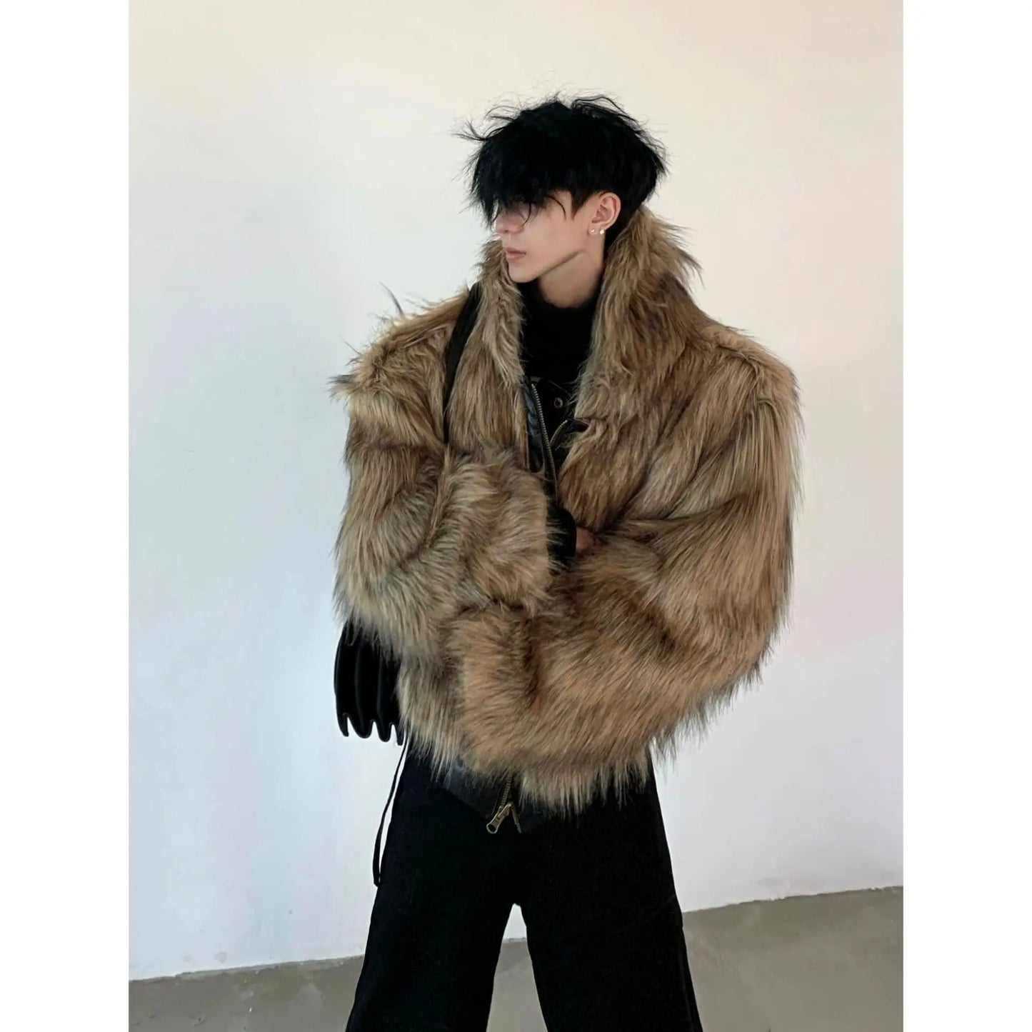 Men Faux Fur Jacket Coat Pu Leather 2025 Winter Thick Warm Outerwear Spliced Hoo - Side View